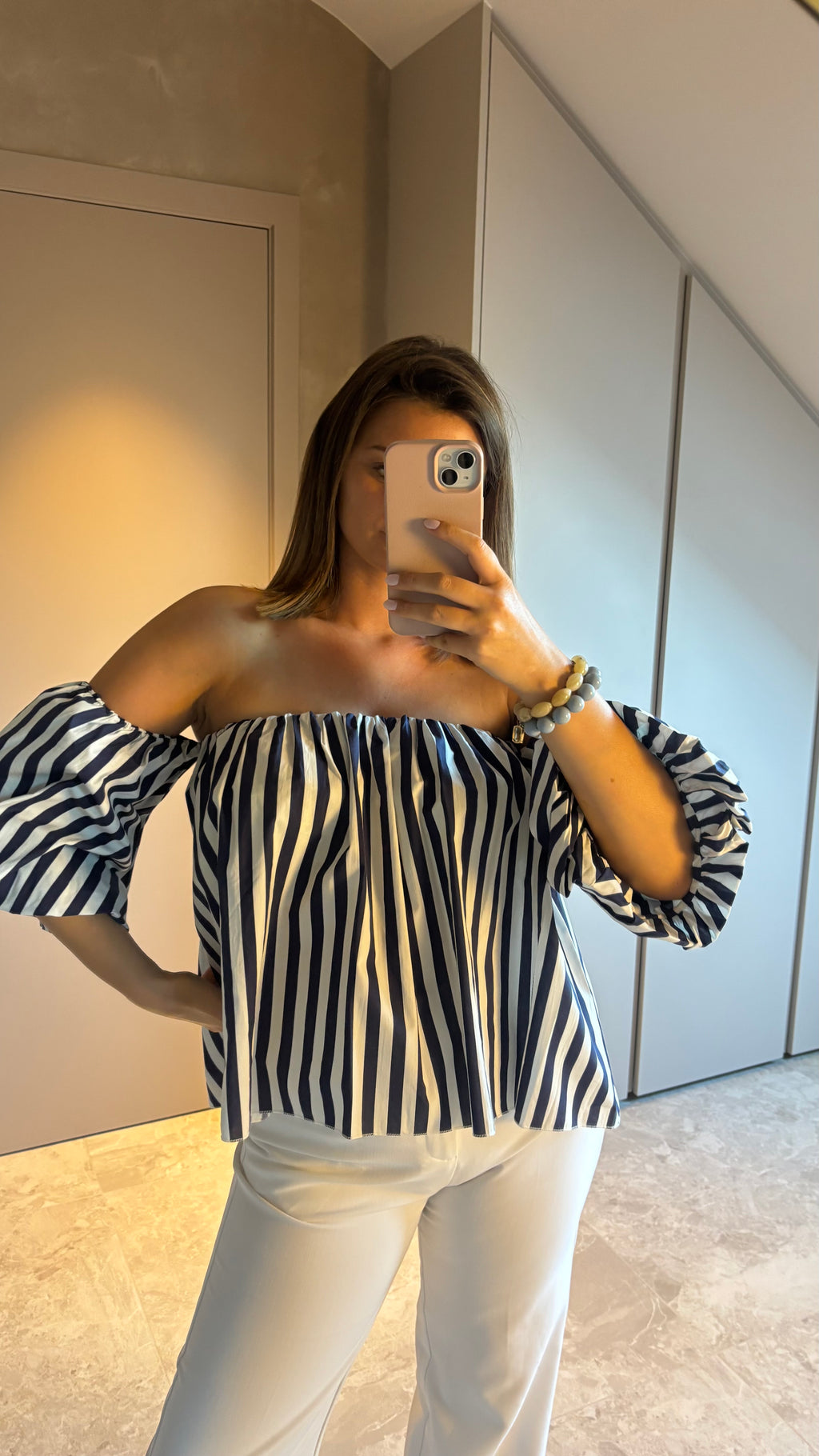 Riviera Off-Shoulder Blouse - Navy & White
