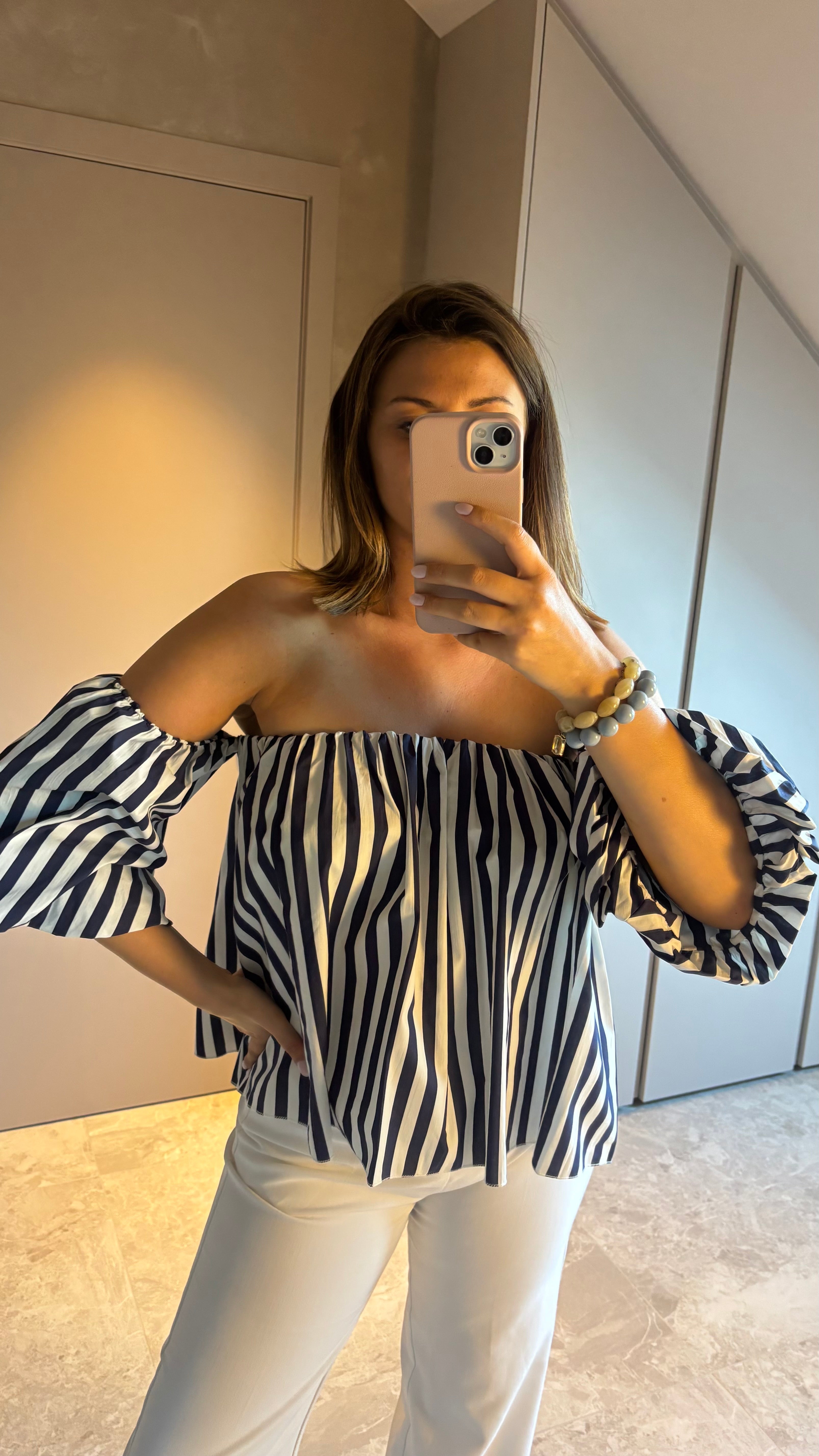 Riviera Off-Shoulder Blouse - Navy & White