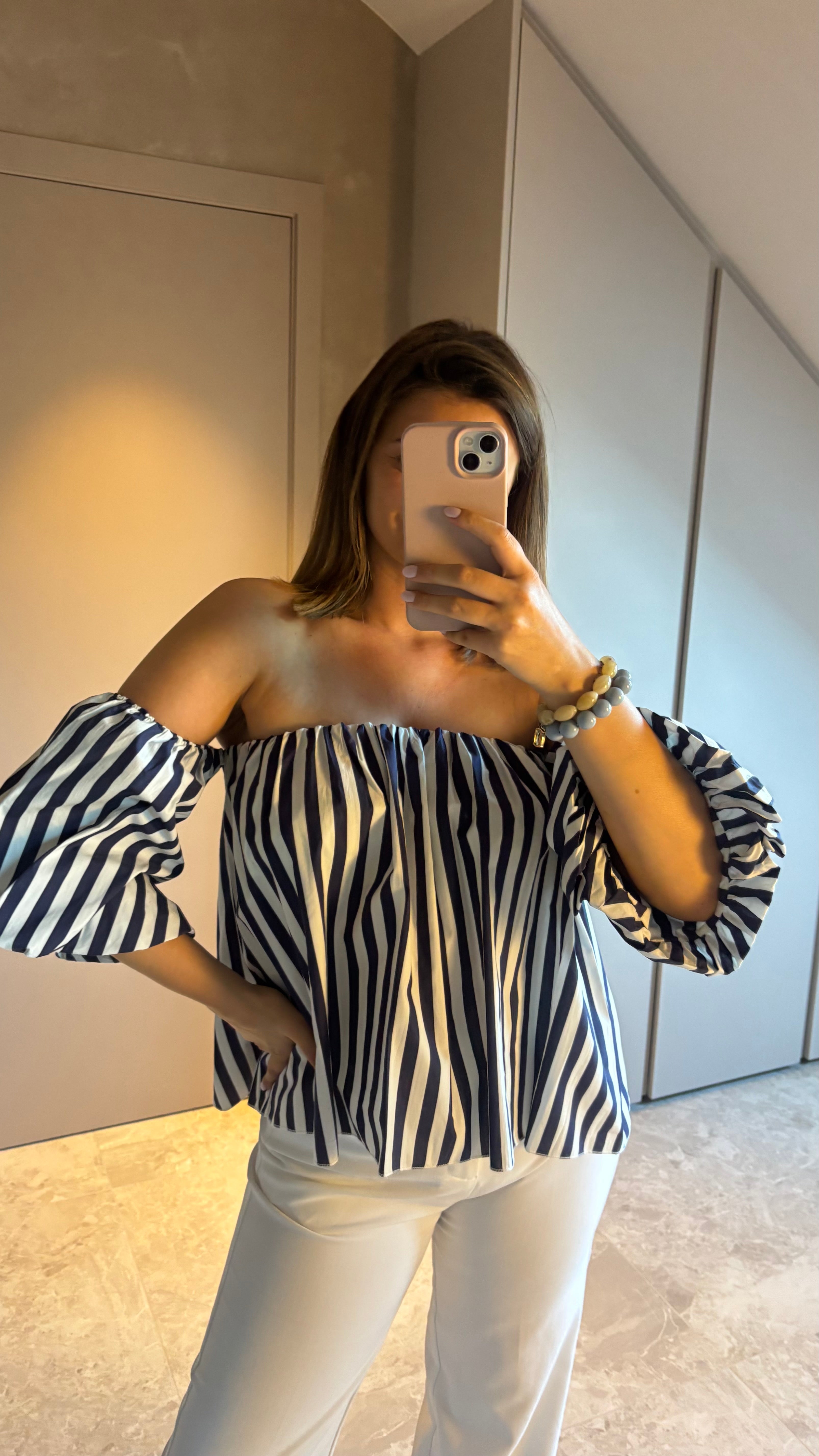 Riviera Off-Shoulder Blouse - Navy & White