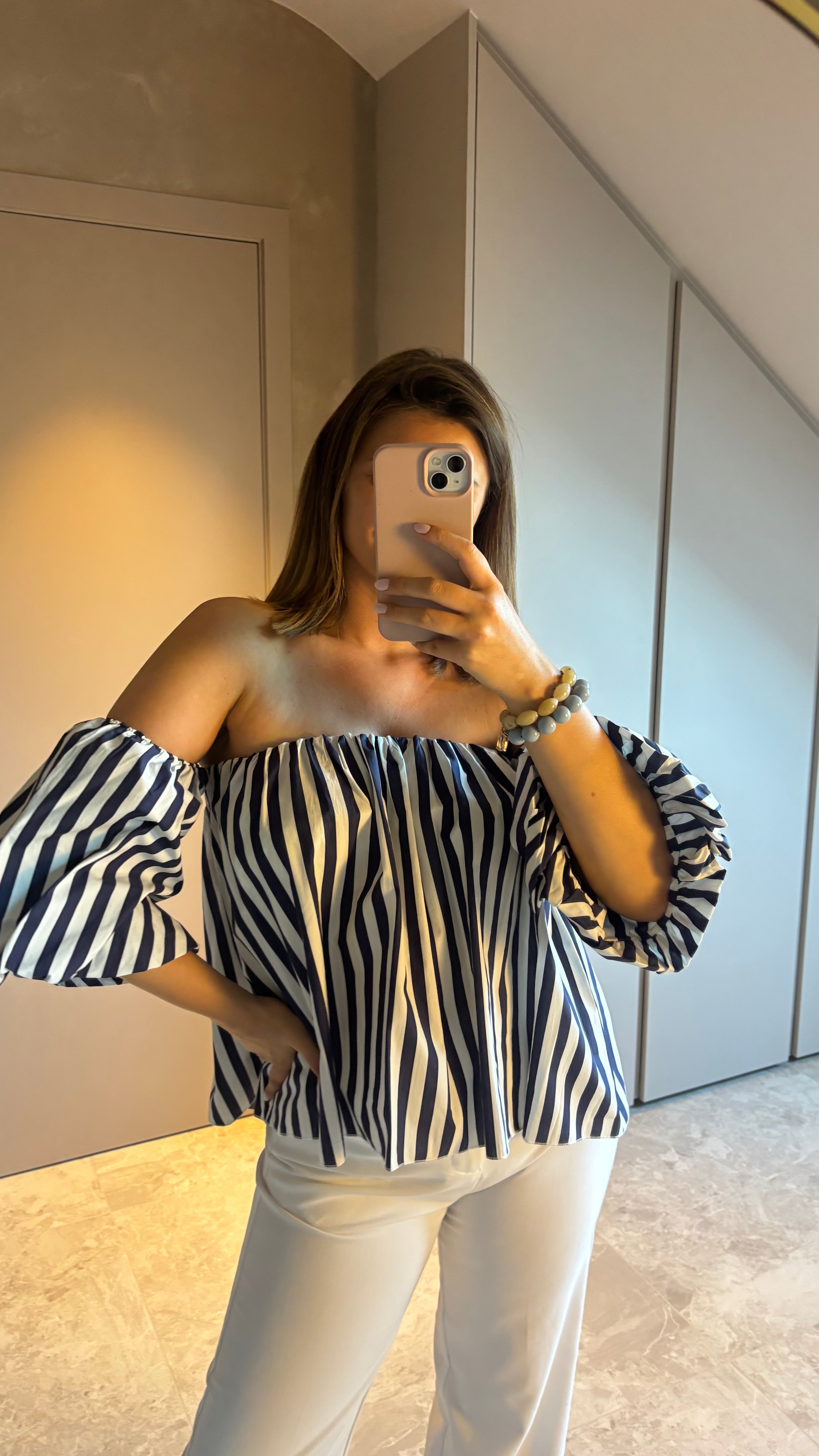 Riviera Off-Shoulder Blouse - Navy & White
