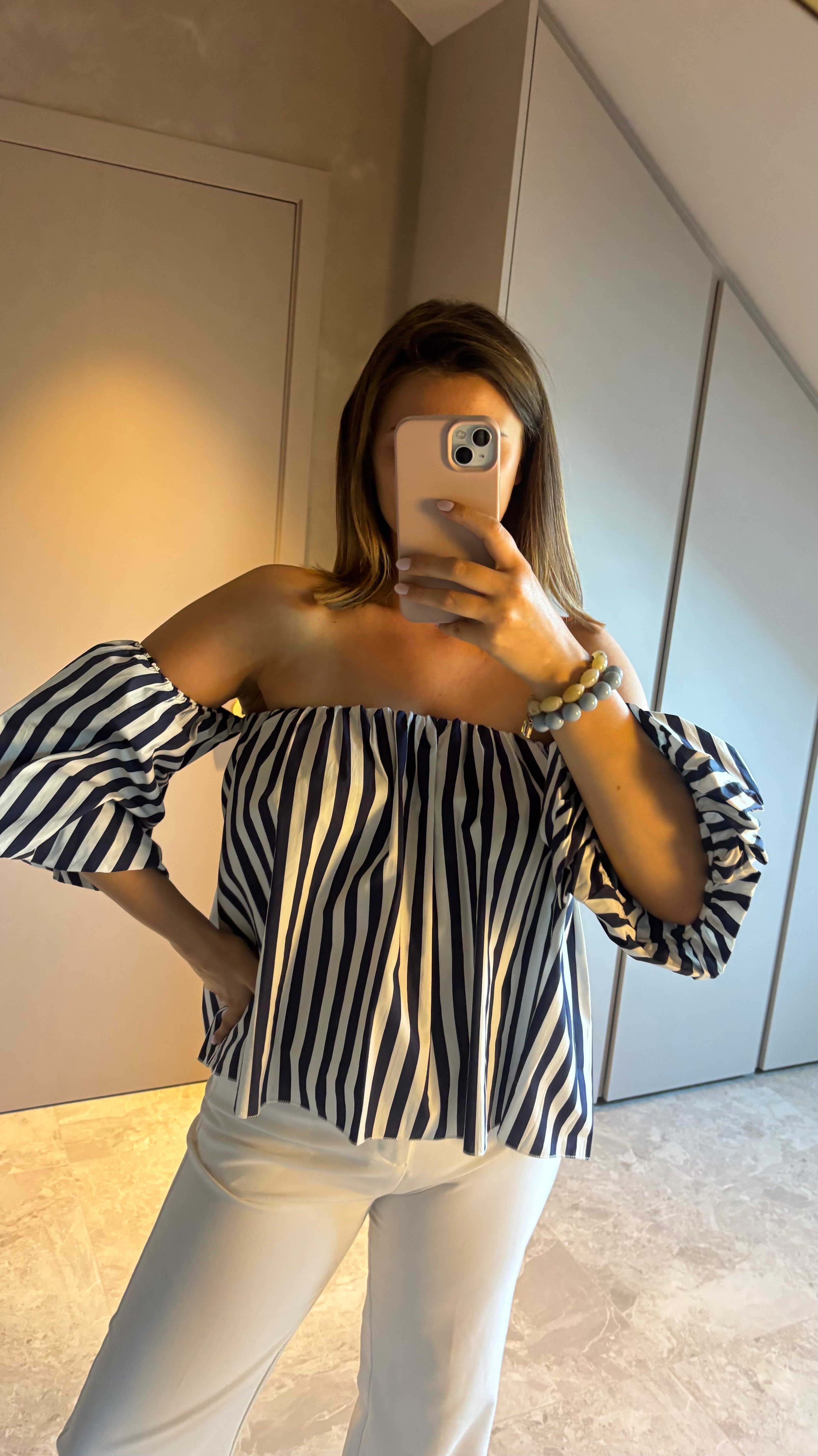Riviera Off-Shoulder Blouse - Navy & White