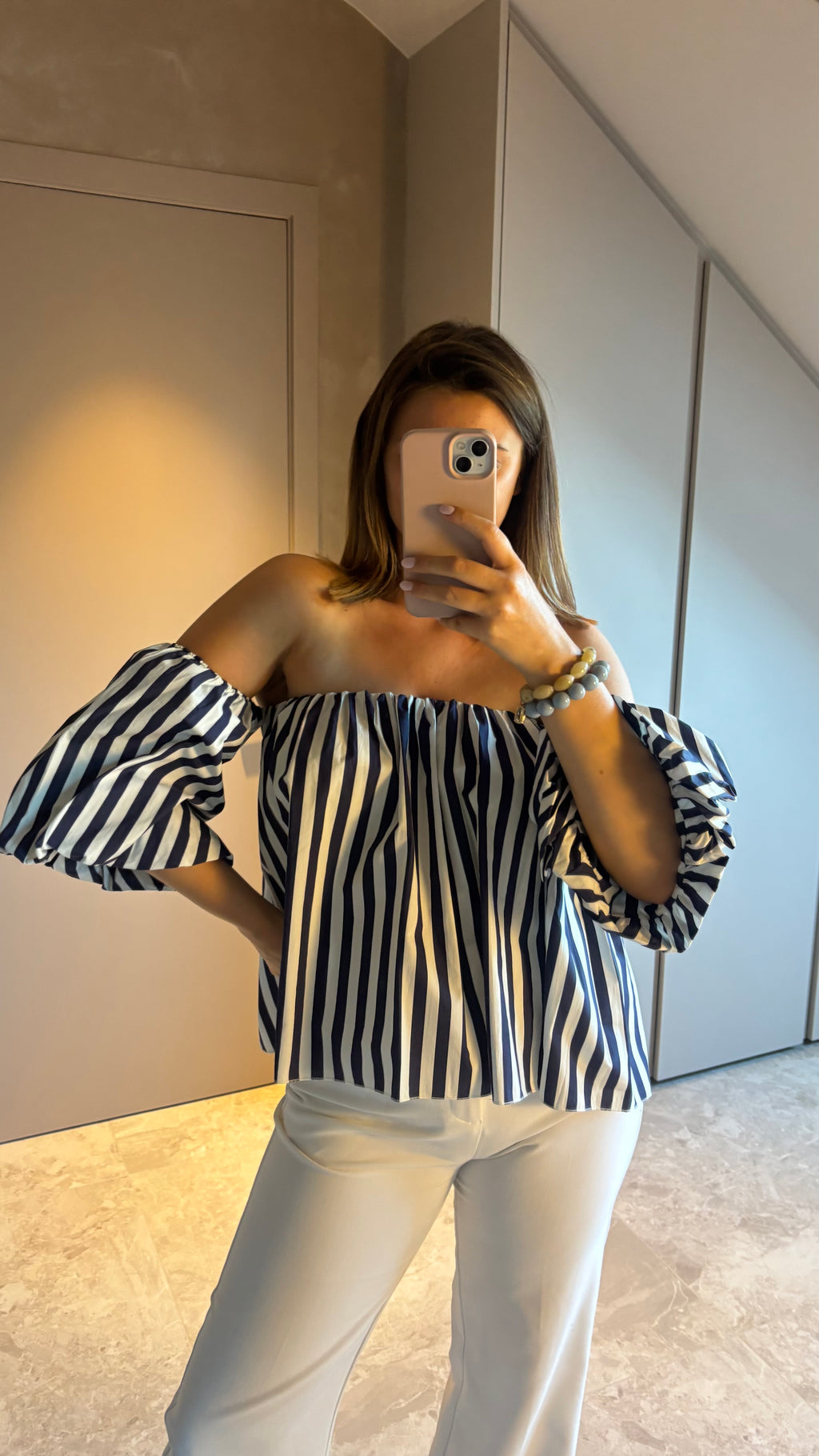 Riviera Off-Shoulder Blouse - Navy & White