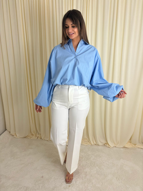 Blauwe gepofte blouse