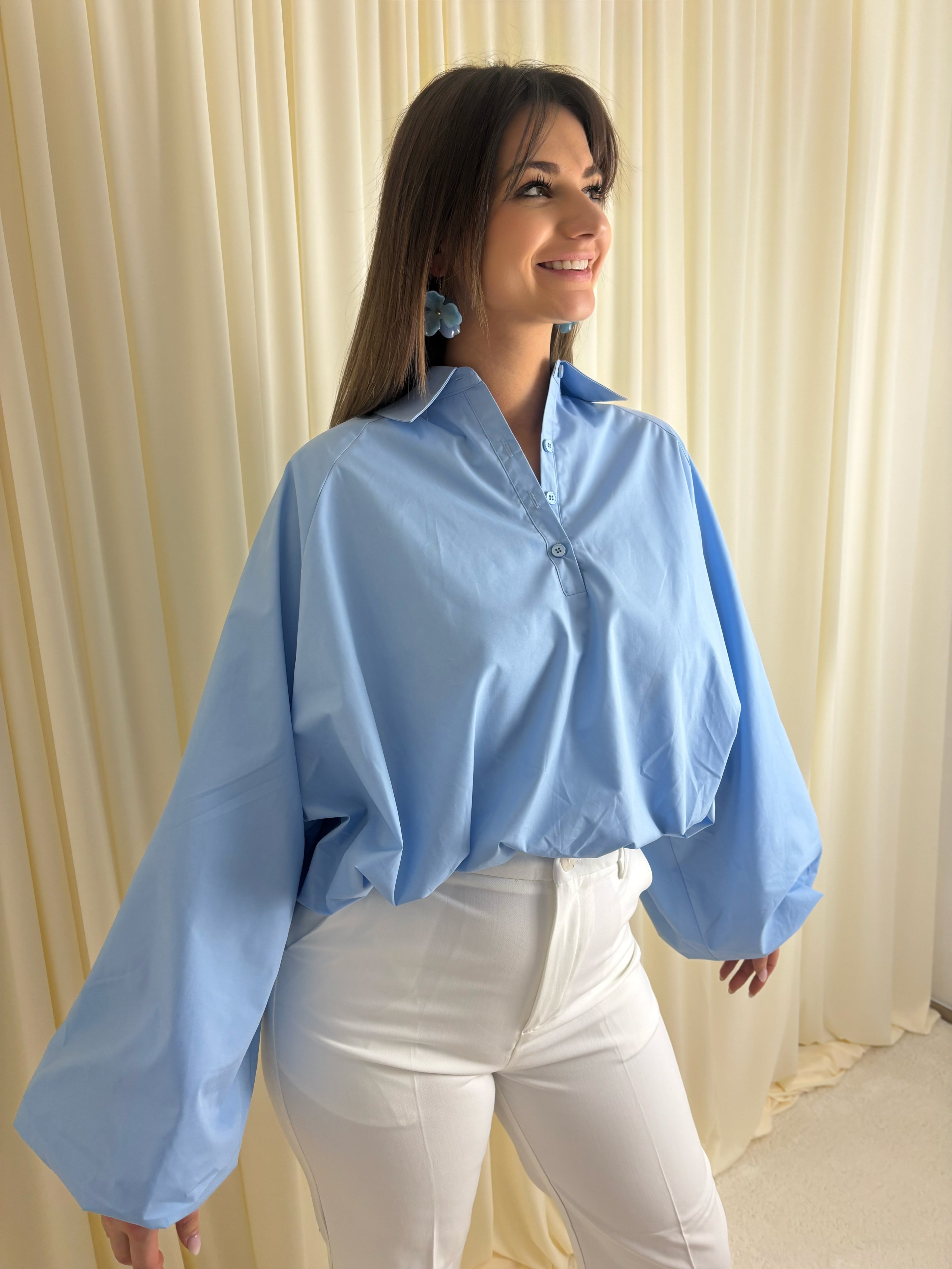 Blauwe gepofte blouse